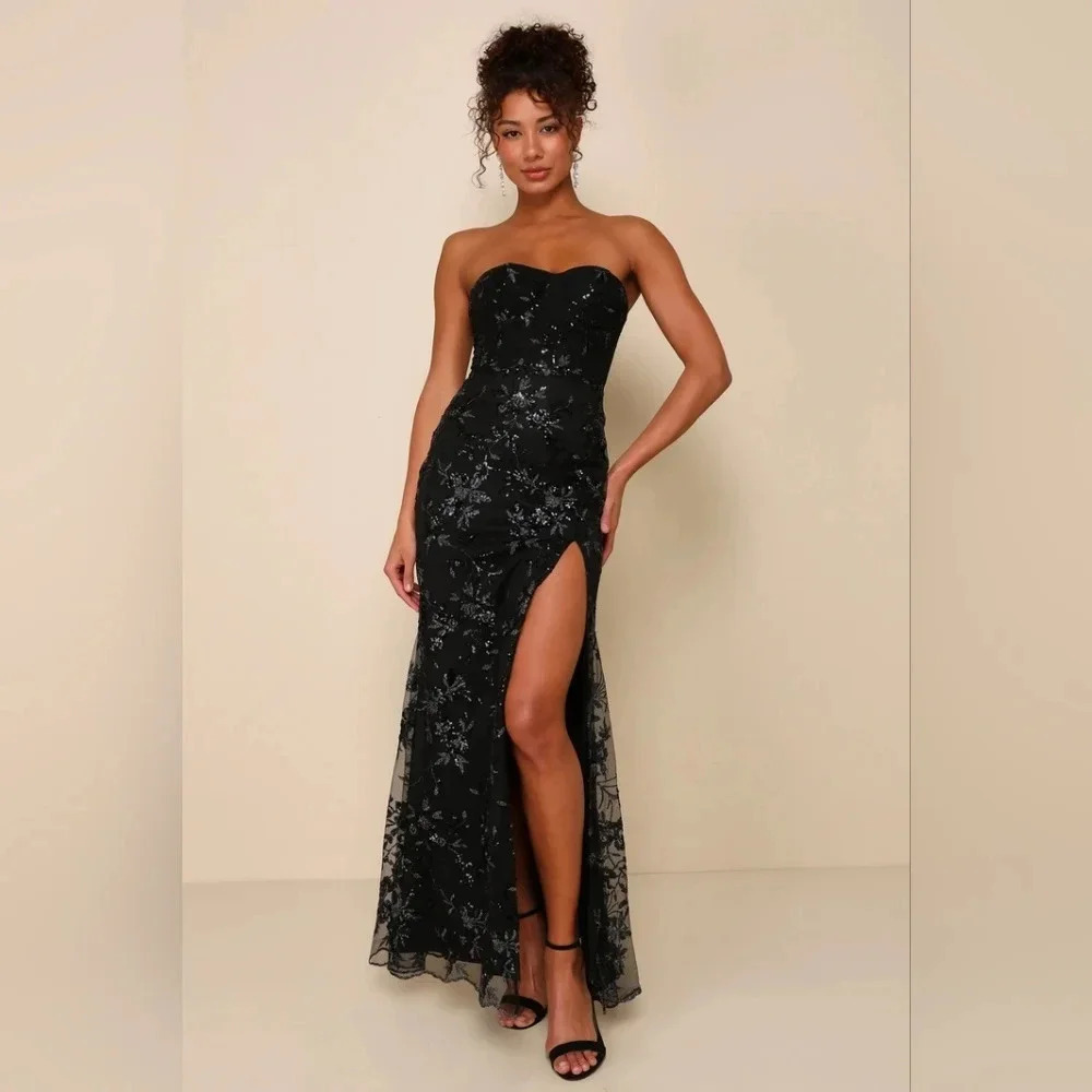 Lulus Confident Sensation Black Sequin Strapless Bustier Maxi Dress XS Wedding - Picture 2 of 11